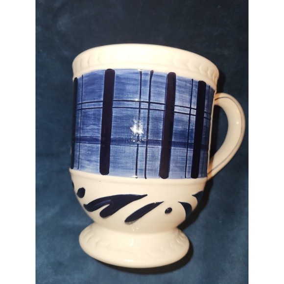 Fitz & Floyd BRISTOL Indigo Tartan Blue White Lg Mug Ceramic 4.75" h Plaid - Picture 4 of 6